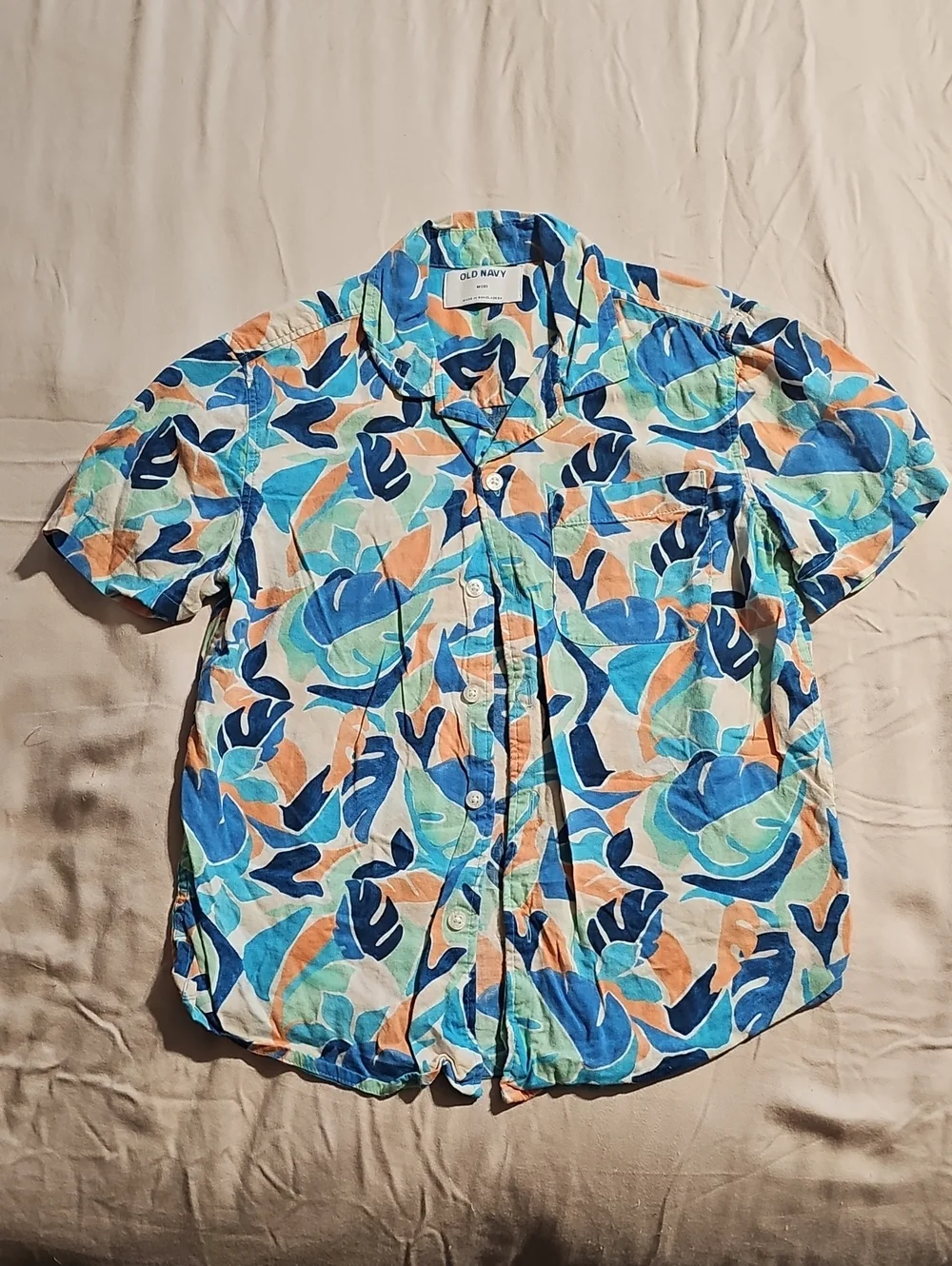 Old Navy Short Sleeve Tropical Print Shirt - Blue, Aqua & Orange